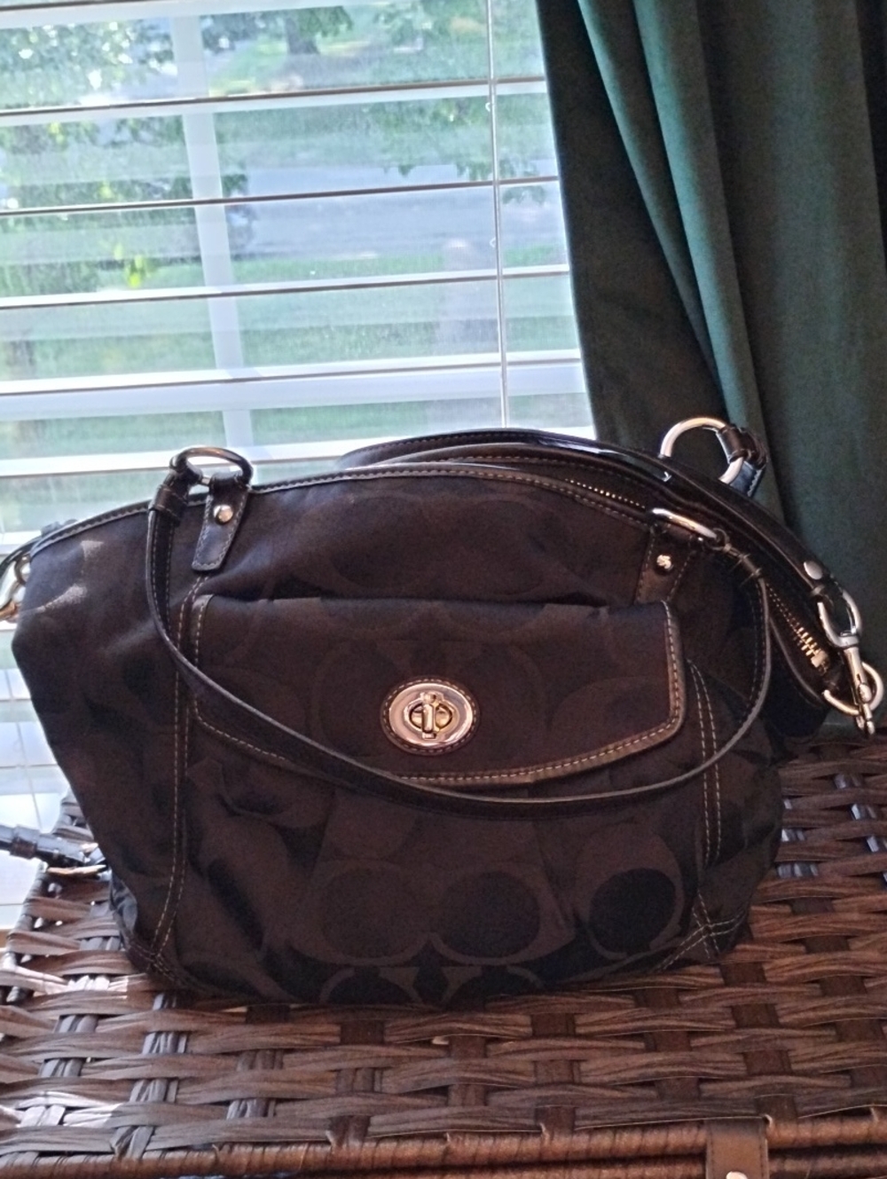 Coach Black Signature Canvas Turnlock Shoulder Bag with Silver Hardware
